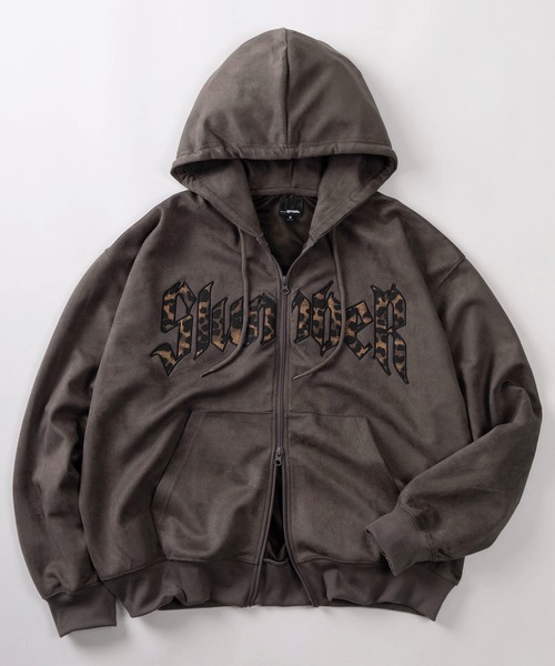 パーカー 「85」フェイクスウェード ヒョウ柄ロゴ ジップパーカー