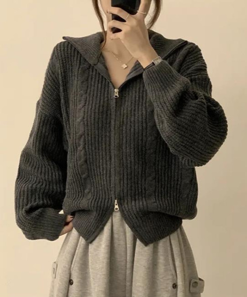 ニット セーター ダブルジップ ケーブル編みニットカーディガン