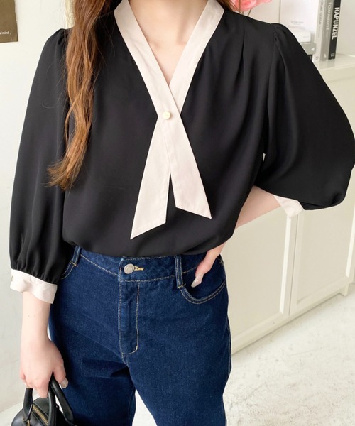 moment+ ブラウス シャツ シフォンジョーゼットクロスボウタイ風