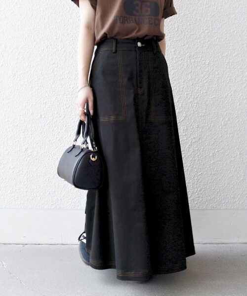 SHIPS any スカート any:「洗濯機可能」チノ ステッチ フレア ロング