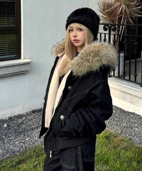 CANVAS+ ブルゾン アウター 「CANVAS＋」フェイクファー付き裏ボア