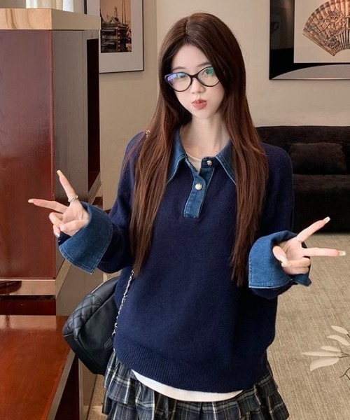 MONO8 ニット セーター デニム襟付きフェイクレイヤードニット / プル