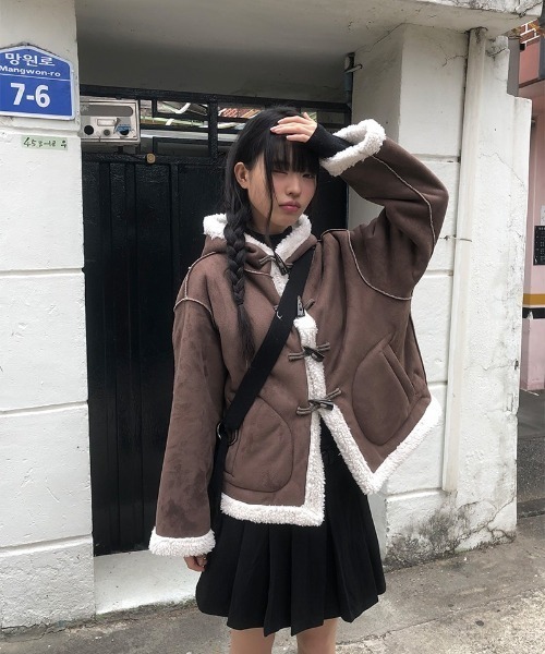 anyonemore ムートンコート ボアコート フード付きスエード調ダッフル