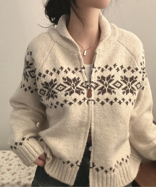 カーディガン ノルディック柄ジップアップニットカーディガン
