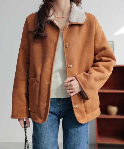 ムートンコート ボアコート リバーシブル襟付きコート レディース