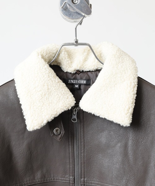 SUGGESTION ブルゾン アウター Fake leather blouson with boa collar