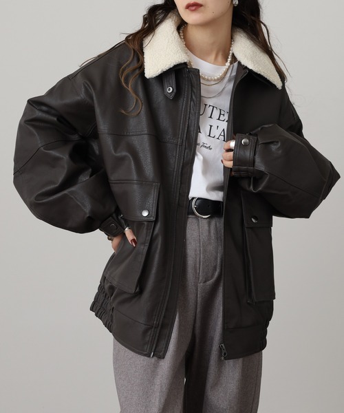 SUGGESTION ブルゾン アウター Fake leather blouson with boa collar