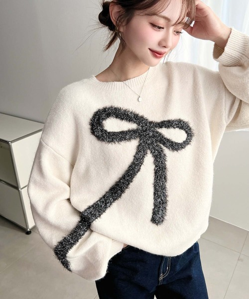 moment+ ニット セーター ラメシャギーリボンジャガードもちもちニット