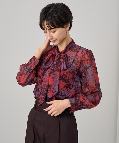 ANAYI（アナイ） ブラウス シャツ チェックフラワープリントボウタイ