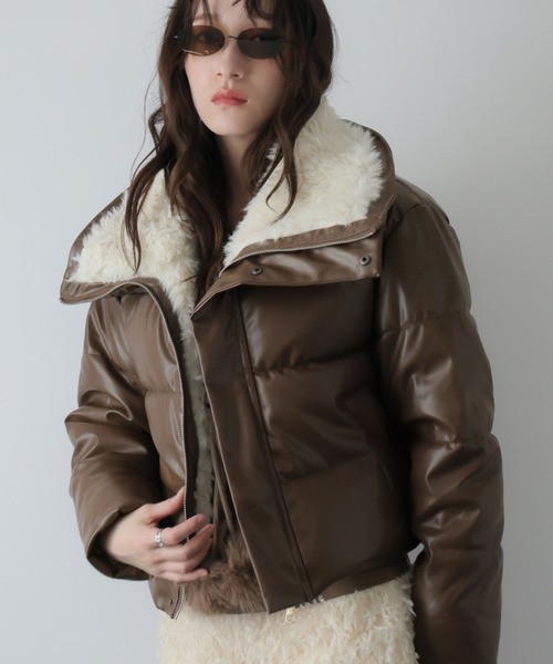 ULYSSES ダウンコート ダウンジャケット ボア襟フェイクレザーショート