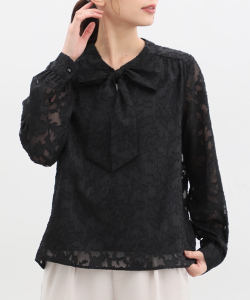 Honeys（ハニーズ） ブラウス シャツ 花柄ジャカードボウタイブラウス