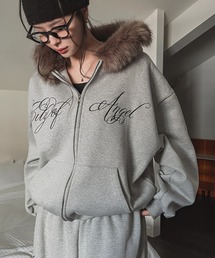 パーカー 裏起毛ファーフードフロントロゴジップパーカー/ファー付き