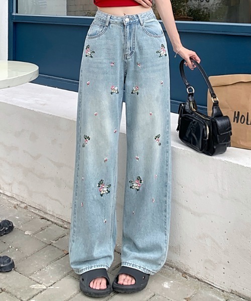 GEMEDA ジーンズ デニム デニムパンツ 花柄刺しゅうデニムパンツ