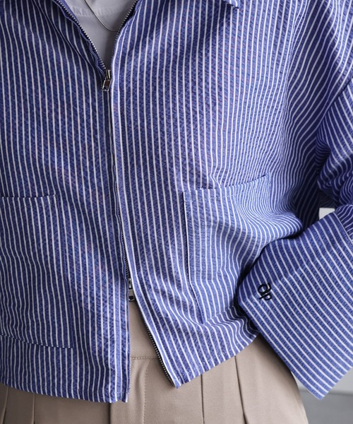 ap retro ブラウス シャツ クロップド丈ダブルZIPストライプサッカー