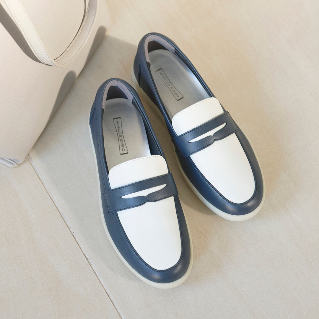 アキレス・ソルボ C 601 ネービー/白｜牛革2E コインローファー