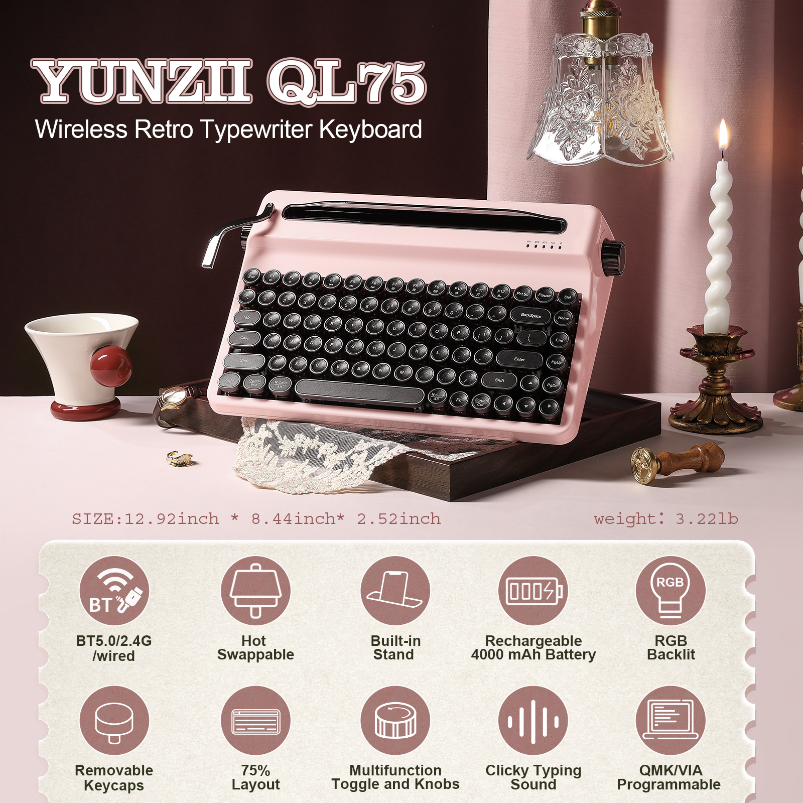 YUNZII QL75 ピンクタイプライター メカニカルキーボード、QMK/VIA