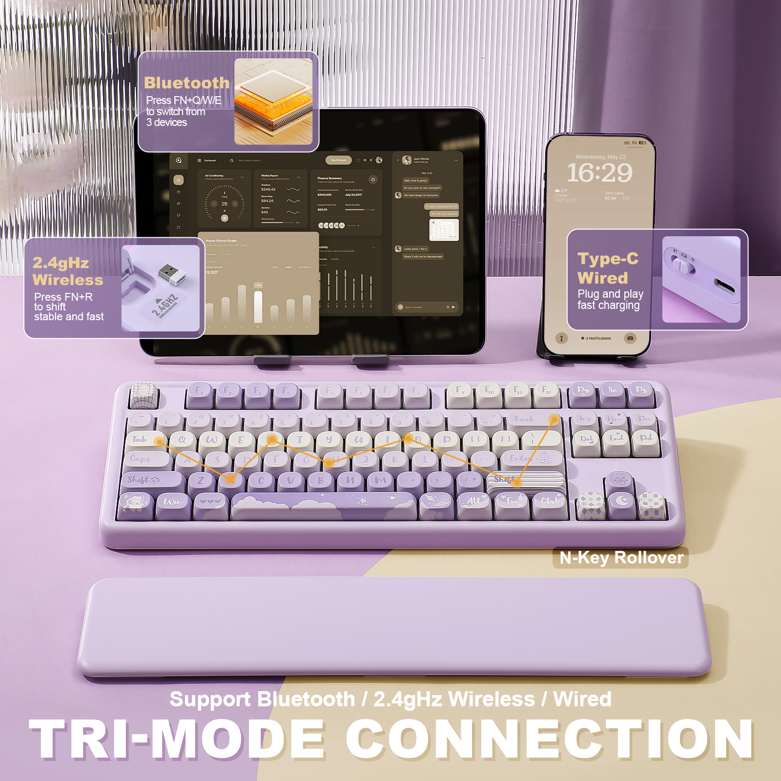 YUNZII B87 Bear メカニカルワイヤレスキーボード、QMK/VIA ゲーミング