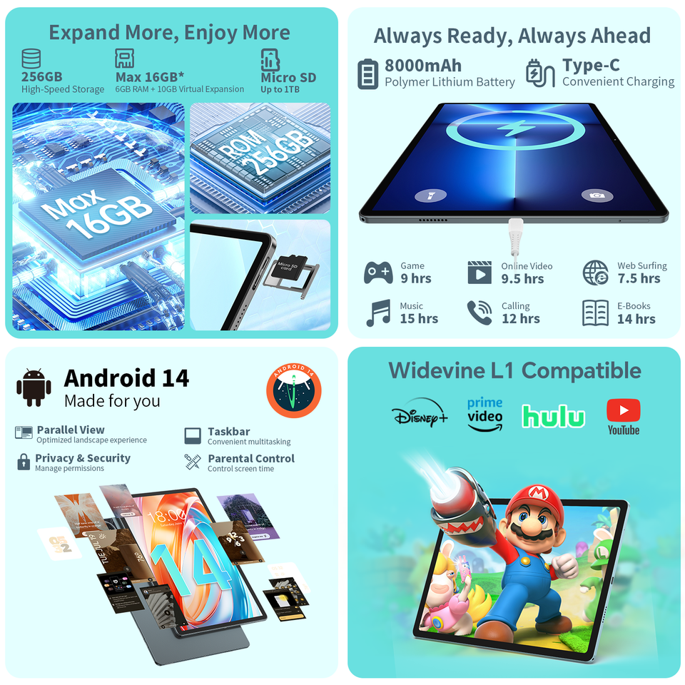 Odea S11 タブレット、11 インチ Tddi、Android 14、(6+10)16Gb Ram