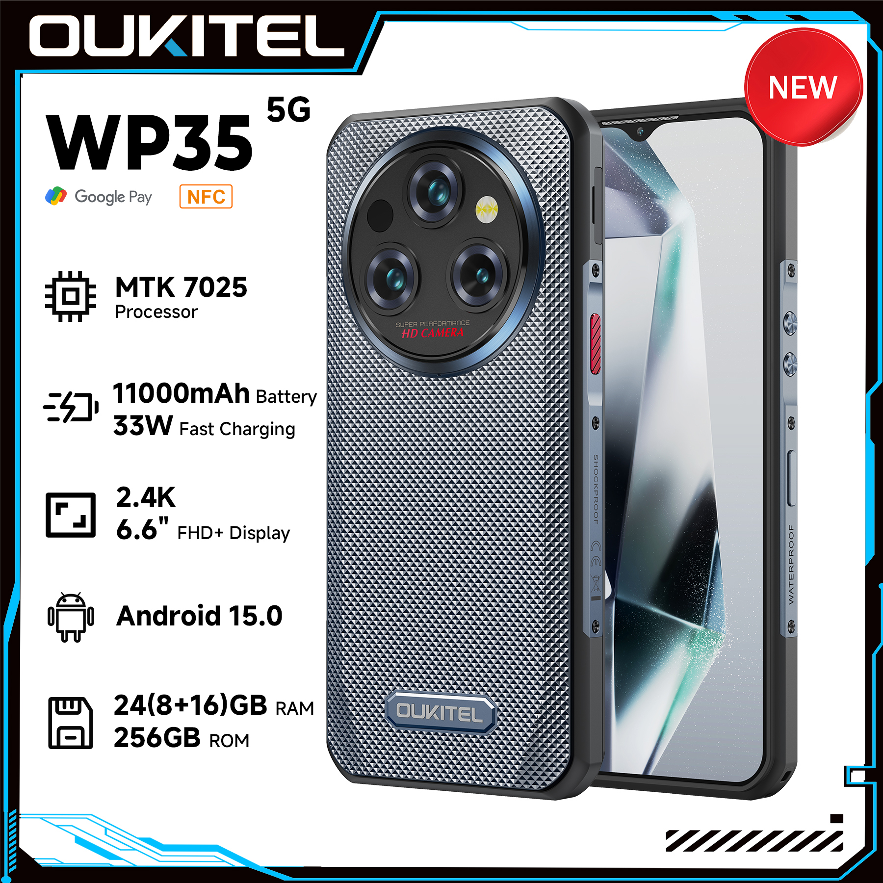 Oukitel WP35 ラギッドフォン MTK 7025、5G、11000mAh、6.6インチFHD+