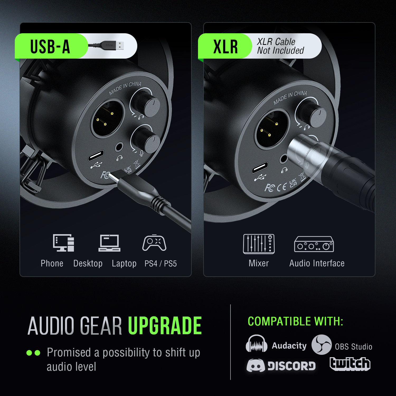 FIFINE USB/XLR ダイナミックマイク、ショックマウント、タッチ