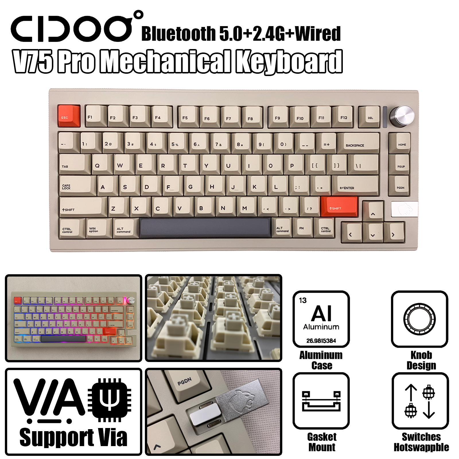 Cidoo-メカニカルキーボードv75Pro,ホットスワップ可能なBluetooth/2.4