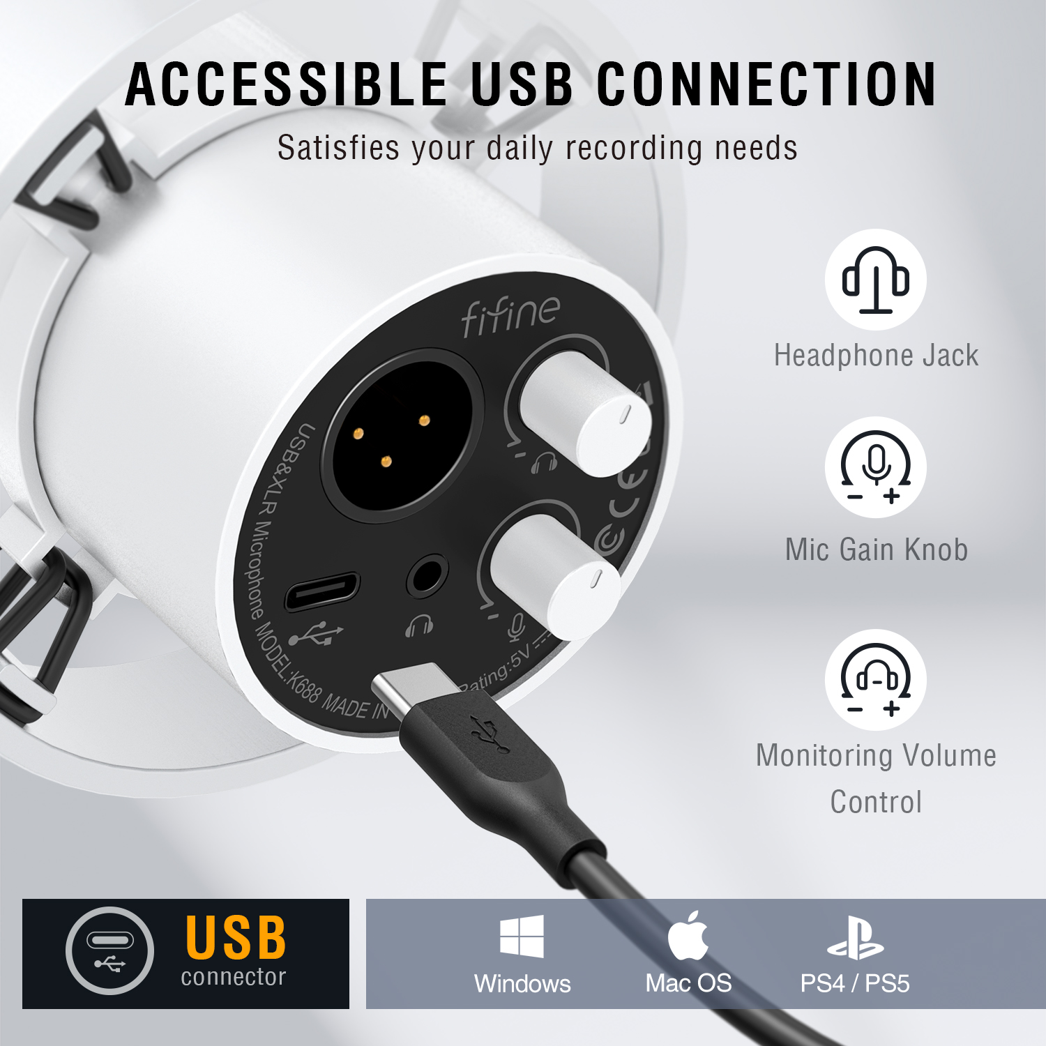 リアルタイムモニタリング付きFIFINE-XLRダイナミックマイク、USB