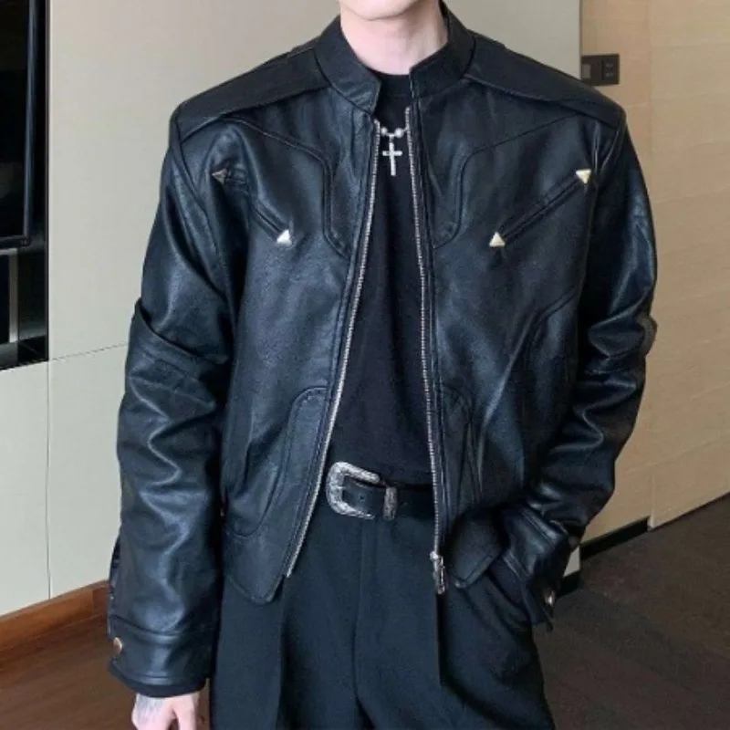 American Metal Zipper Retro PU Leather Jacket for Men Short Wide