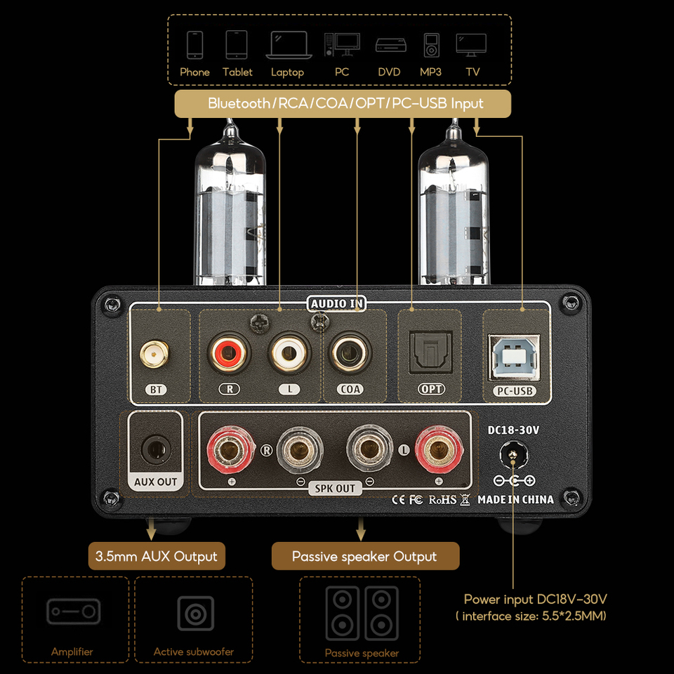 AIYIMA T9 HiFi Bluetooth 5.0 真空管アンプ USB DAC ステレオアンプ