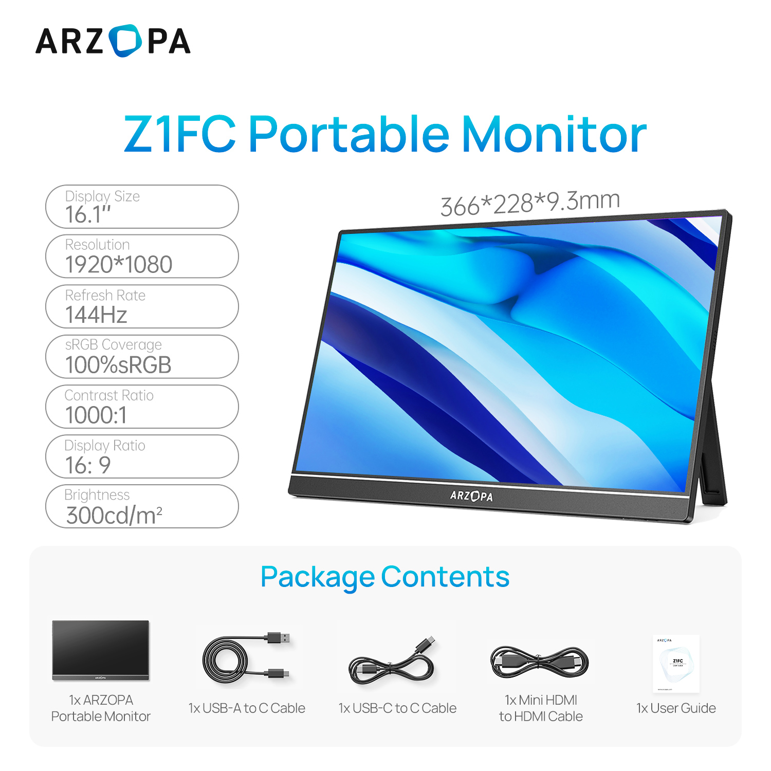 ARZOPA 16.1 インチポータブルモニター 144hz 100%sRGB 1080P FHD IPS