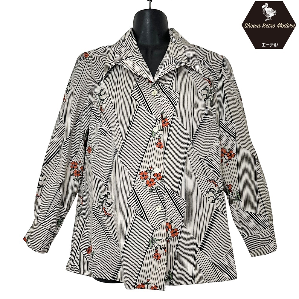 昭和レトロ 70's 幾何学模様と花柄 アイボリーホワイト 開襟 柄シャツ
