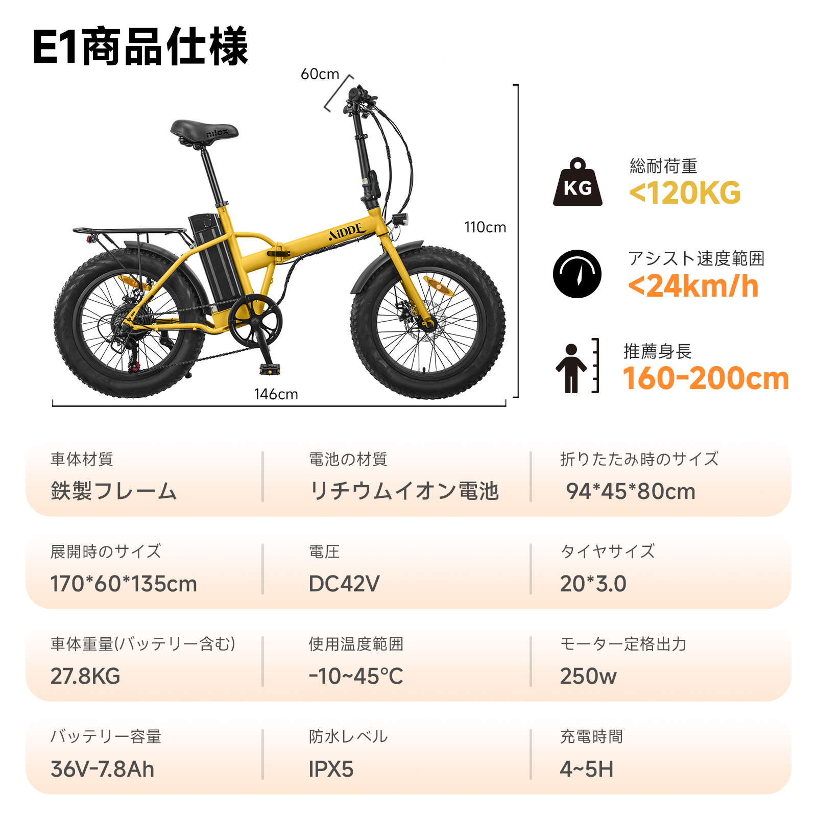 AiDDE 電動自転車 折りたたみ式 20インチ 最大走行距離80㎞ 7.8AH大