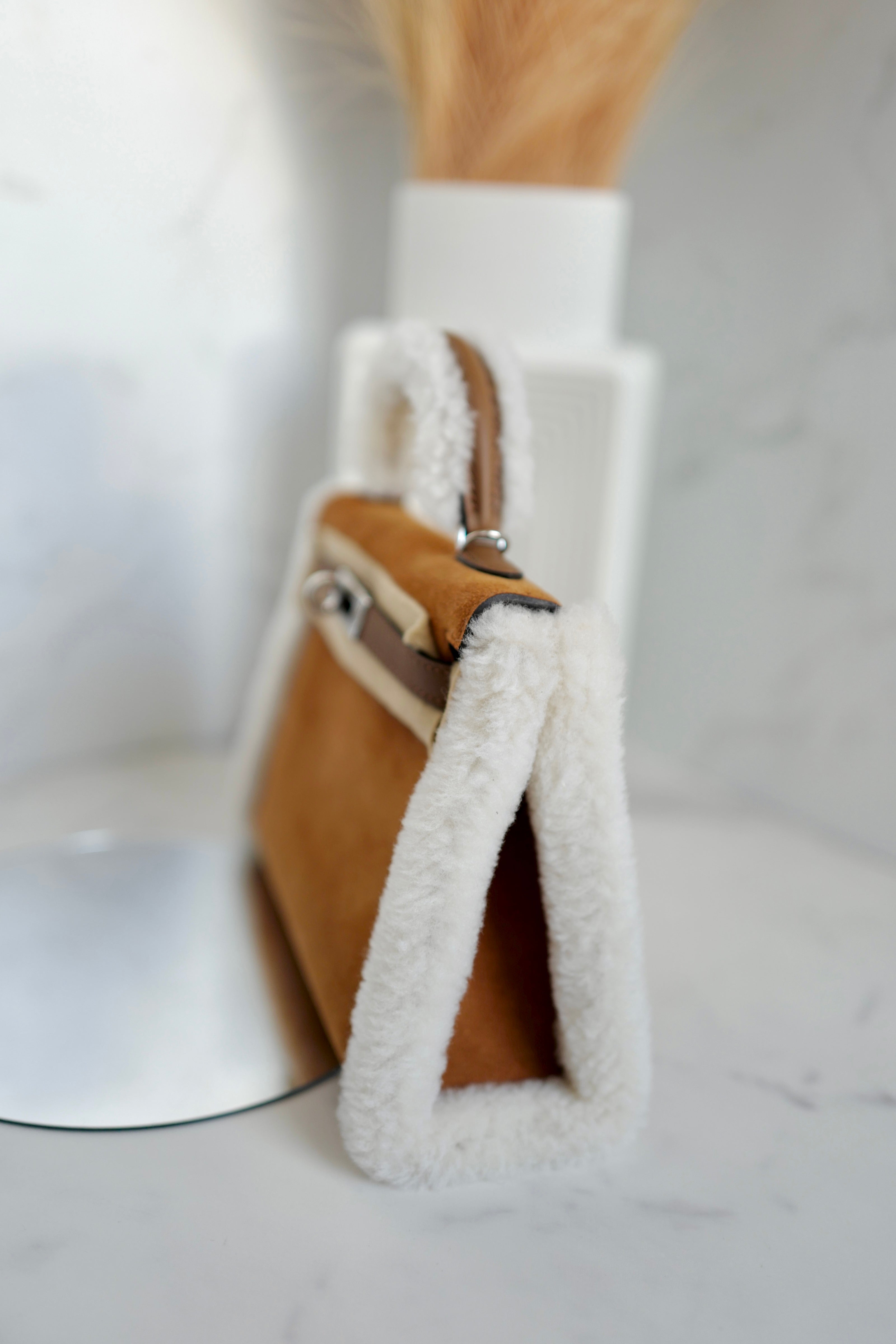 Hermes Mini Kelly Teddy Chamois/Ecru/Alezan Shearling Plush Palladium