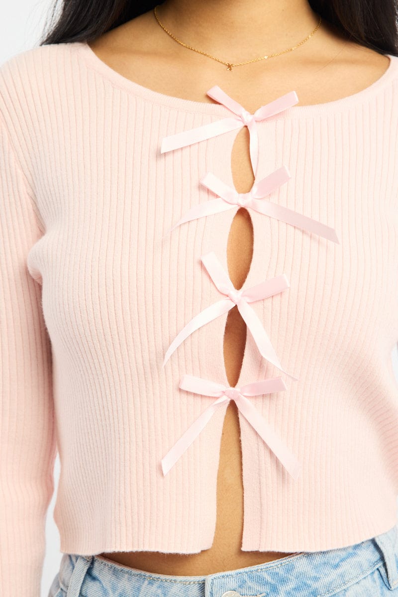 Pink Knit Top Long Sleeve Front Ribbon | Ally Fashion