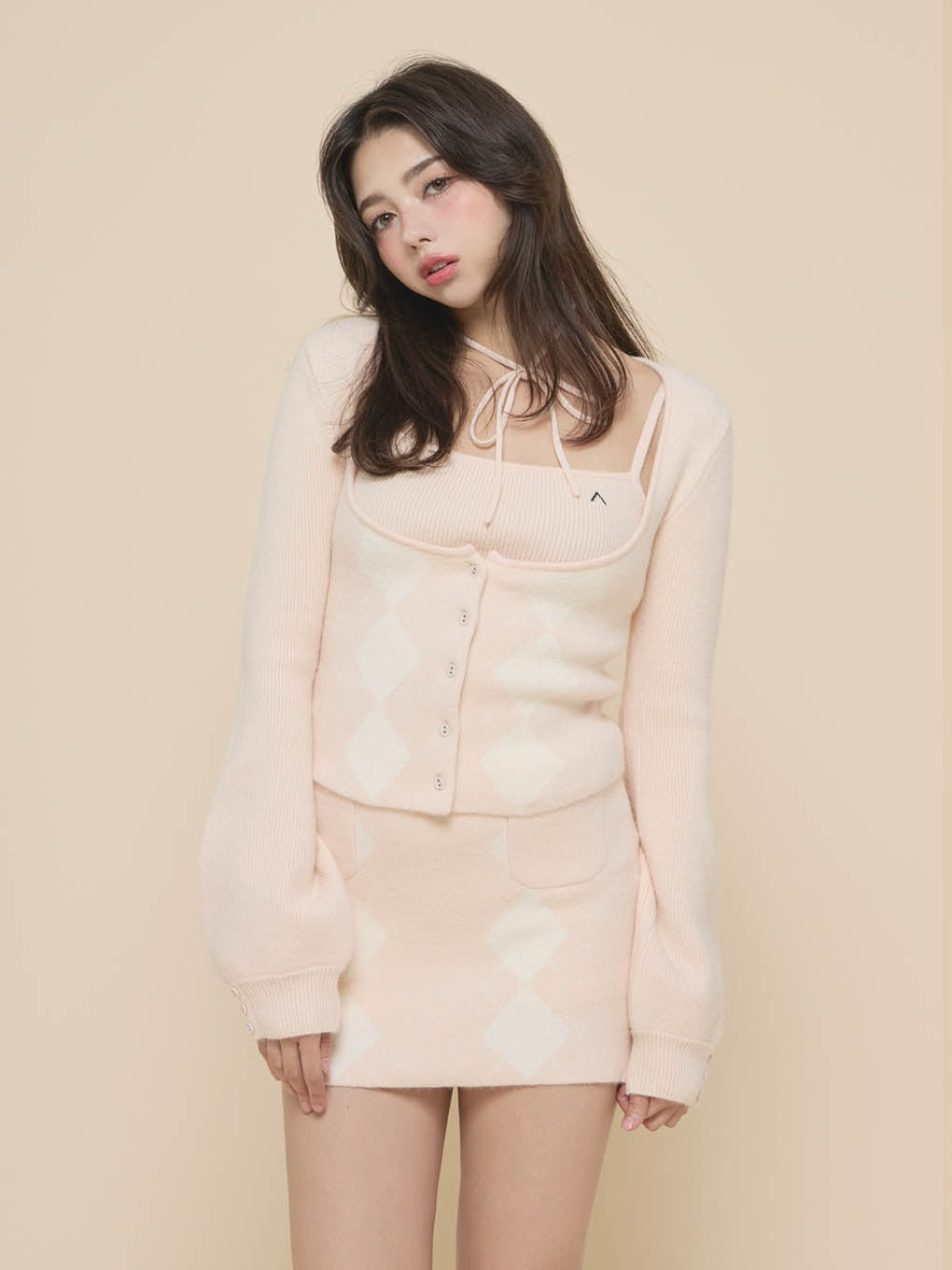 ANDMARY】Argyle ribbon knit set up