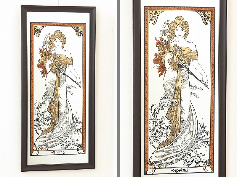 ミュシャの「四季（春・夏・秋・冬）」4枚セットの古い壁掛け鏡