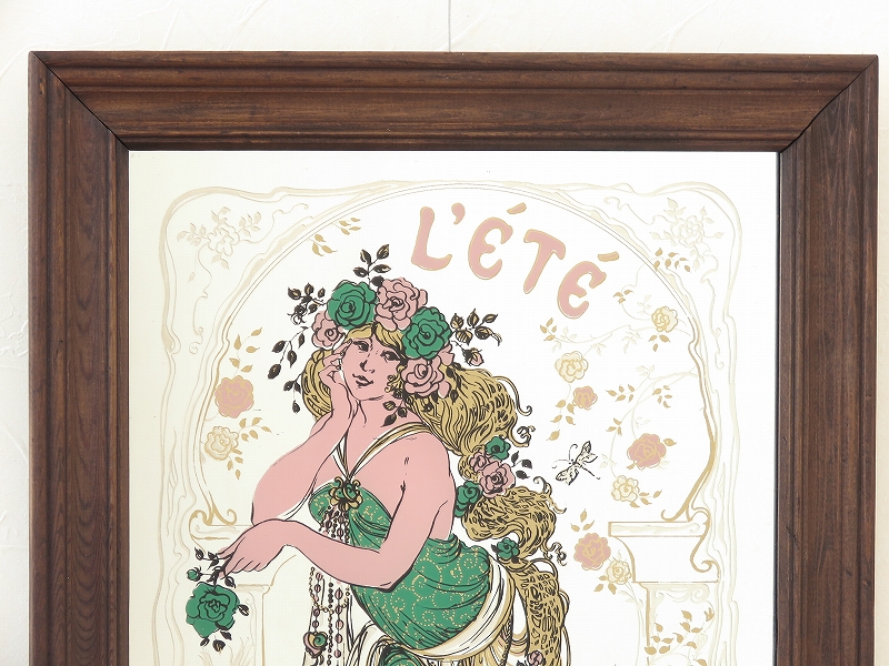 古い壁掛け鏡（ヴィンテージウォールミラー）ミュシャスタイルの鏡 L