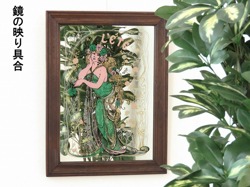 古い壁掛け鏡（ヴィンテージウォールミラー）ミュシャスタイルの鏡 L