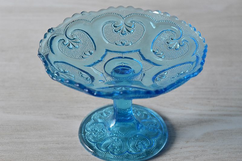 アンティークガラス レース コンポート 型ガラス ブルー 061402 - 生活