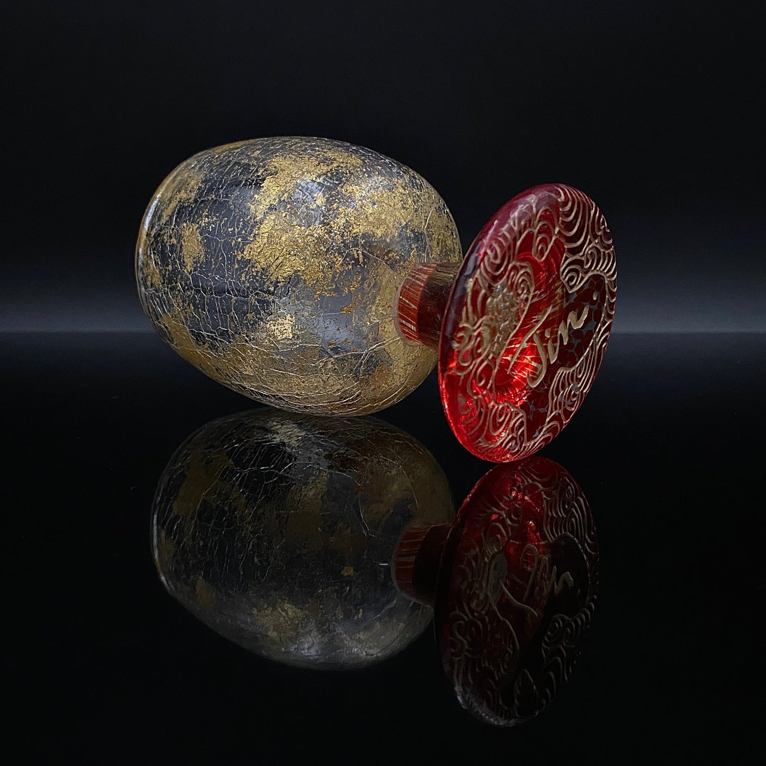 坂田 甚内（Jin）作 手吹き硝子 赤金彩 金箔 金彩 玻璃盃深甚紋グラス