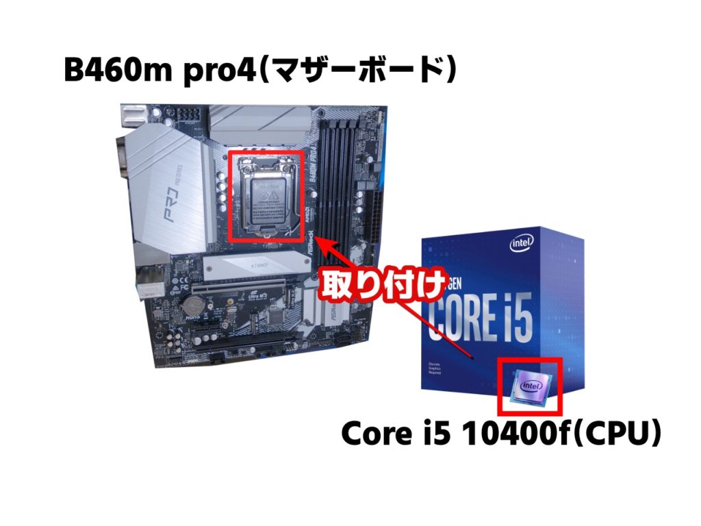 実践①】マザーボード（B460m pro4）にCPU（Core i5 10400f）を