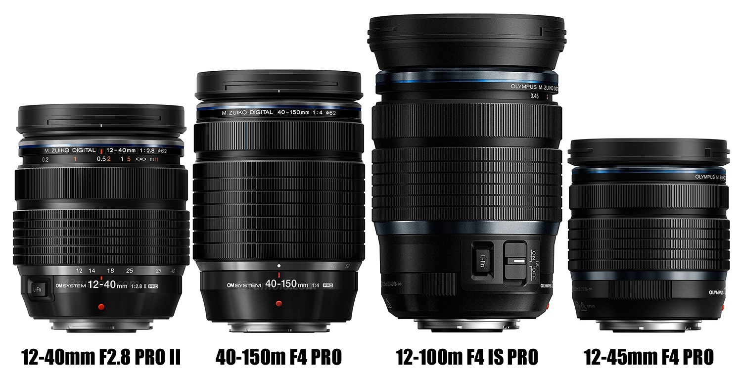 12-40mm F2.8 PRO II」「40-150mm F4 PRO」と思われる製品画像と