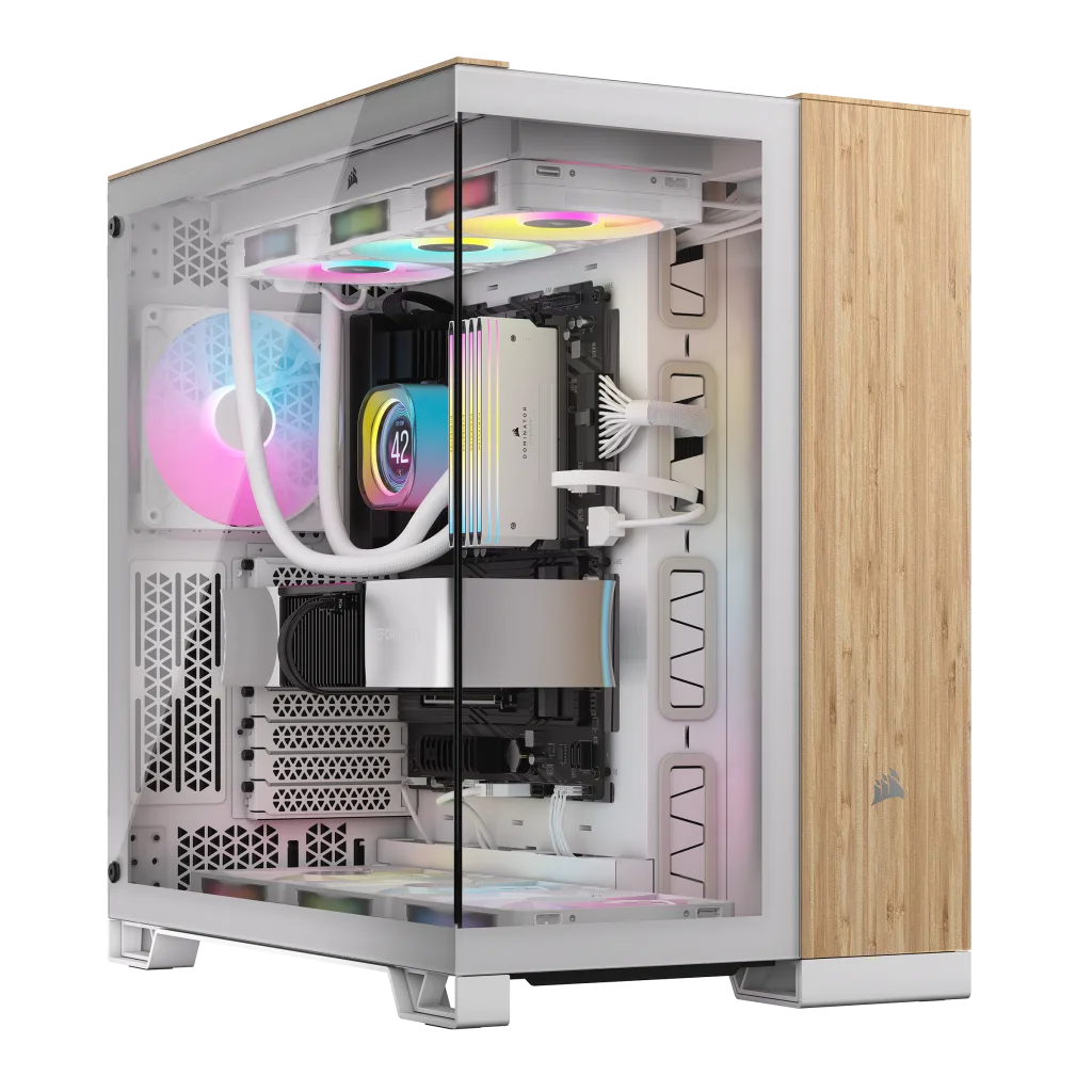 6500X ミッドタワー デュアルチャンバー PC ケース - ホワイト/Bamboo 木製