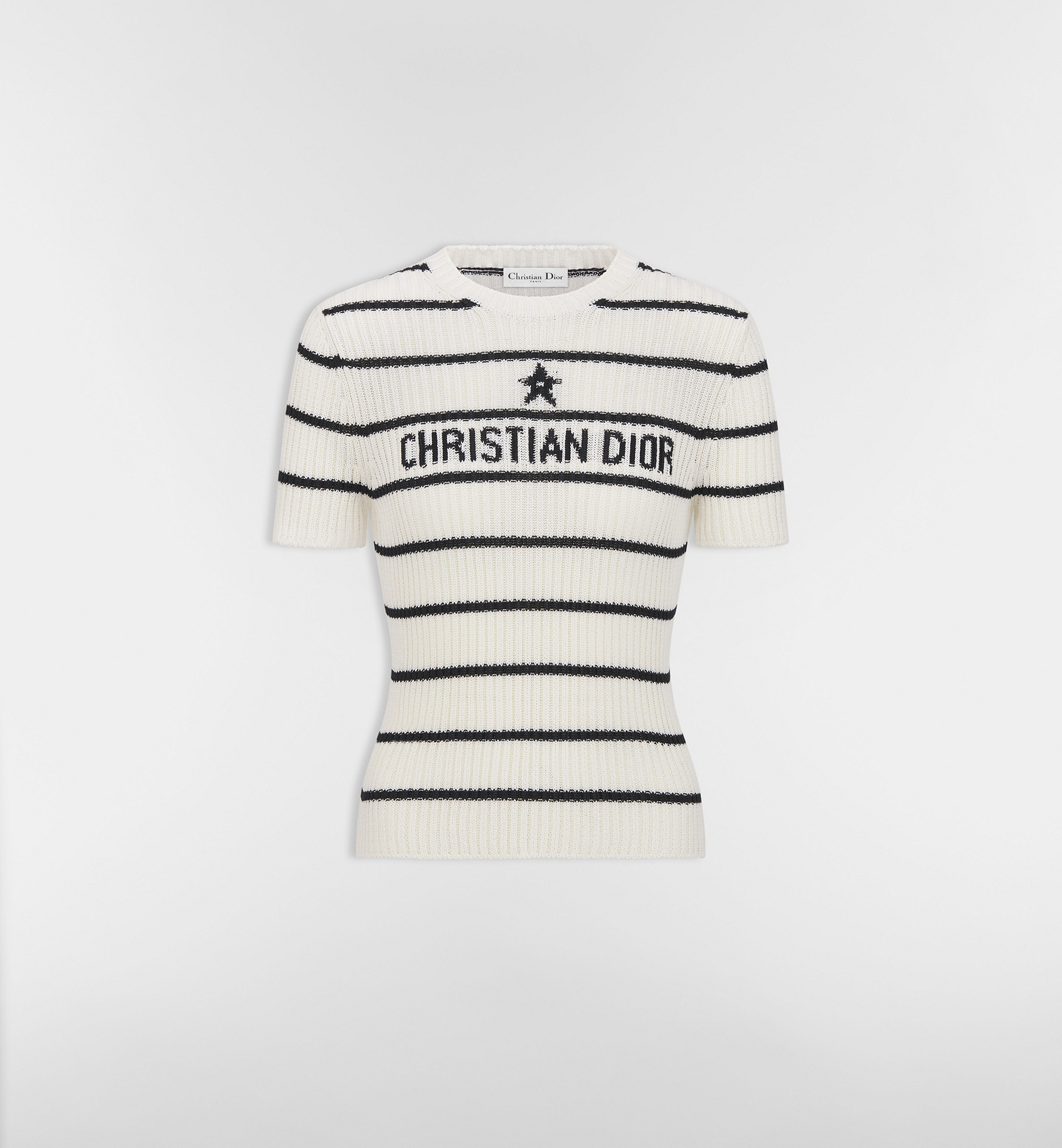 Dior Marinière Short-Sleeved Sweater Ecru and Navy Blue Ribbed