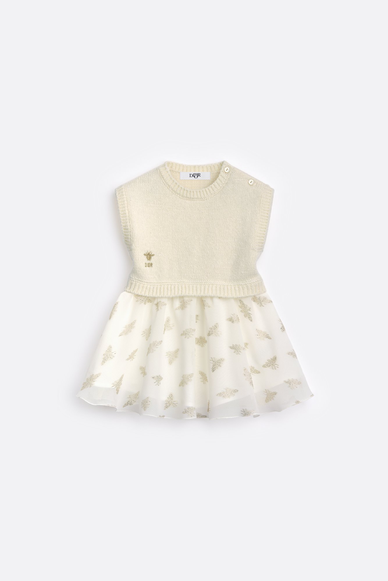 Baby Flared Dress Ivory Chiffon with Gold-Tone Jacquard Bees | DIOR