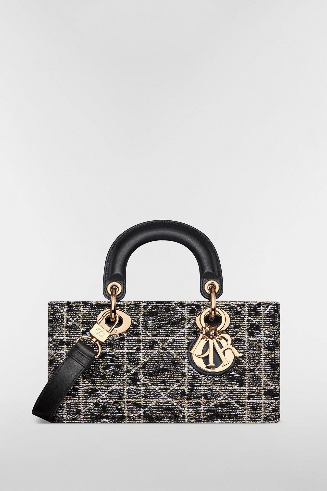 Small Lady D-Joy Bag Black Tweed with Cannage Motif in Gold-Tone
