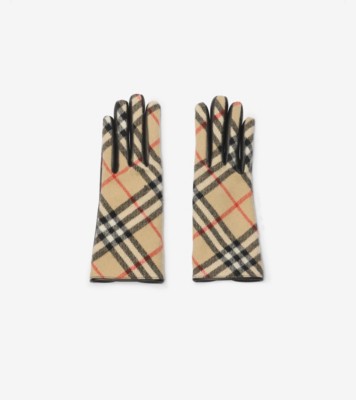 チェック ウールカシミアグローブ (サンドベージュ) - ウィメンズ