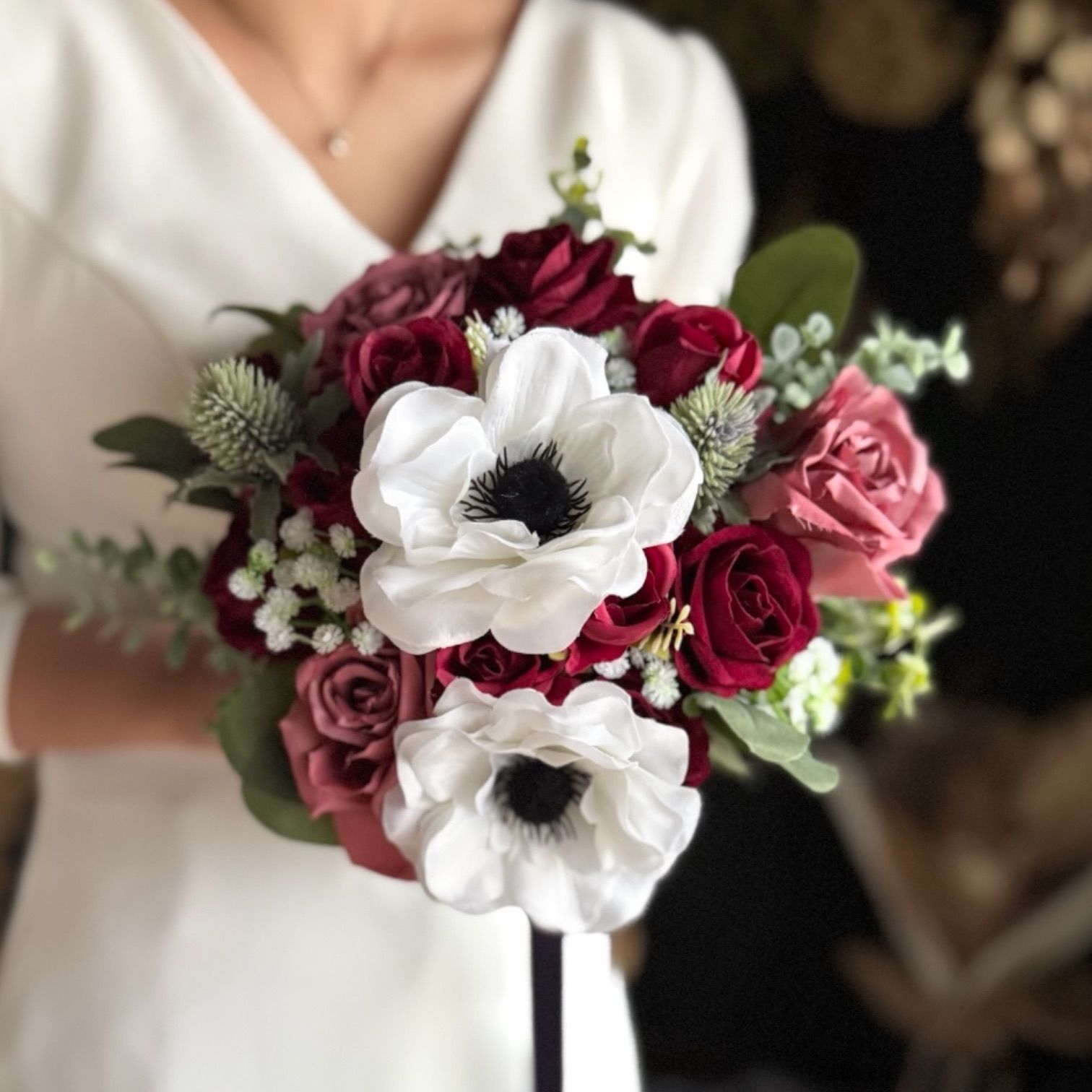 ワインレッド×アネモネクラッチブーケ☆ブートニア アネモネ×ワイン