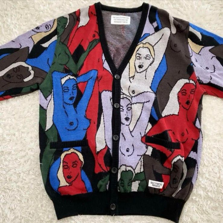 ワコマリア 天国東京百女柄図 ニット ジャガード カーディガン サイズM