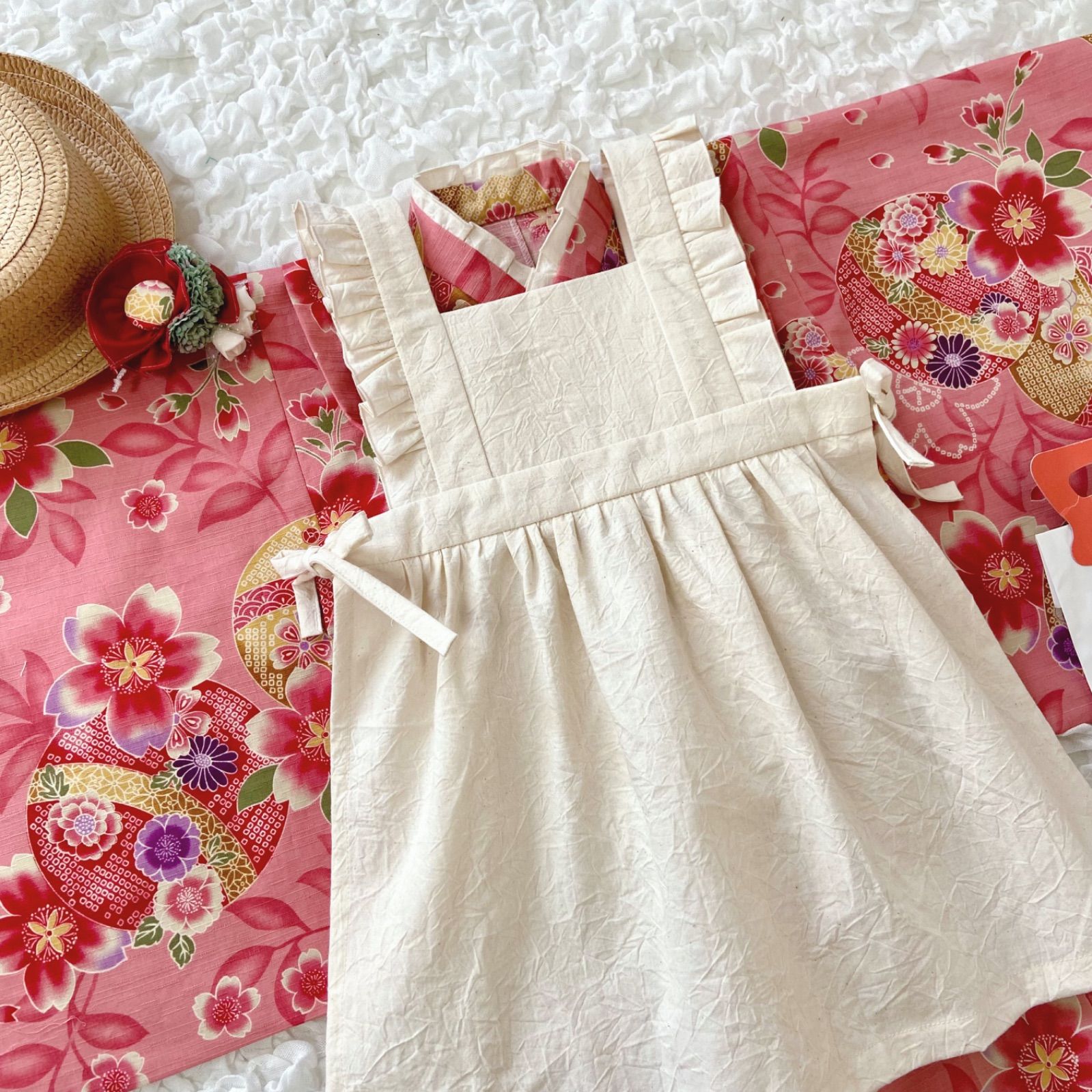 七五三 3歳 着物＆被布エプロンセット 和柄ピンク×生成り ハンドメイド