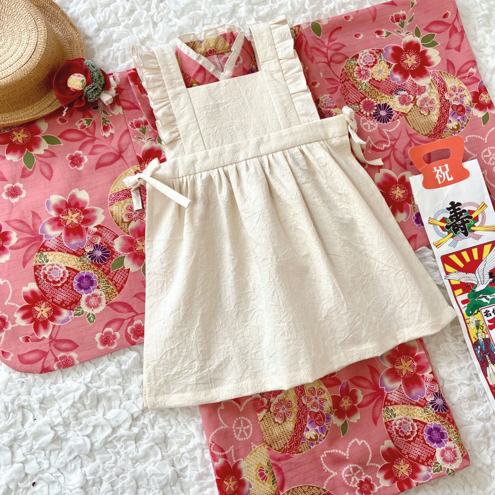 七五三 3歳 着物＆被布エプロンセット 和柄ピンク×生成り ハンドメイド